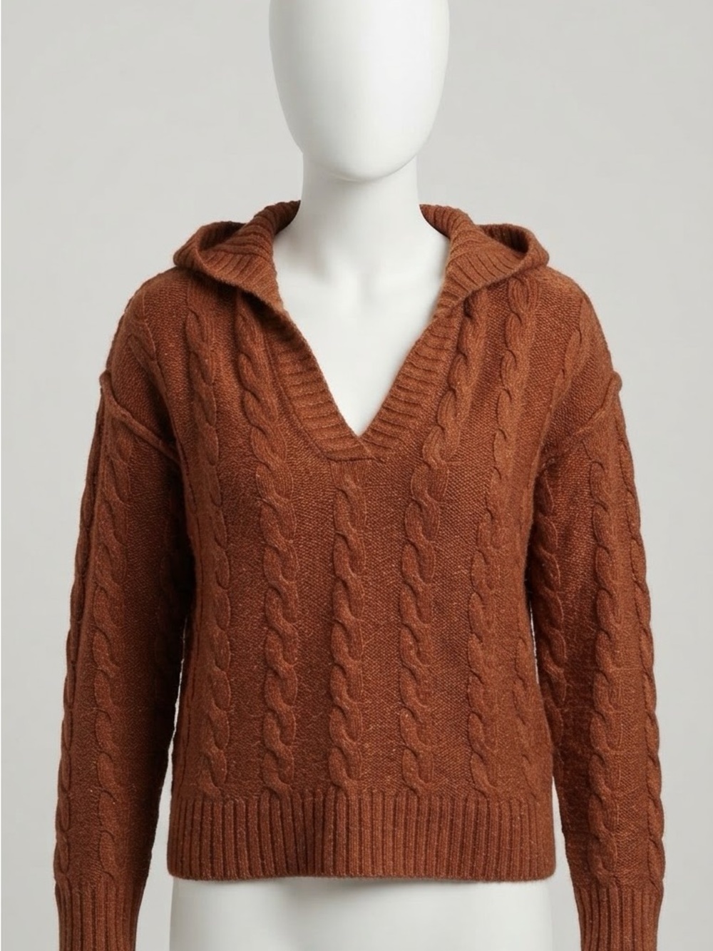 SO Cable-Knit Hooded V-Neck Sweater - Rust Brown